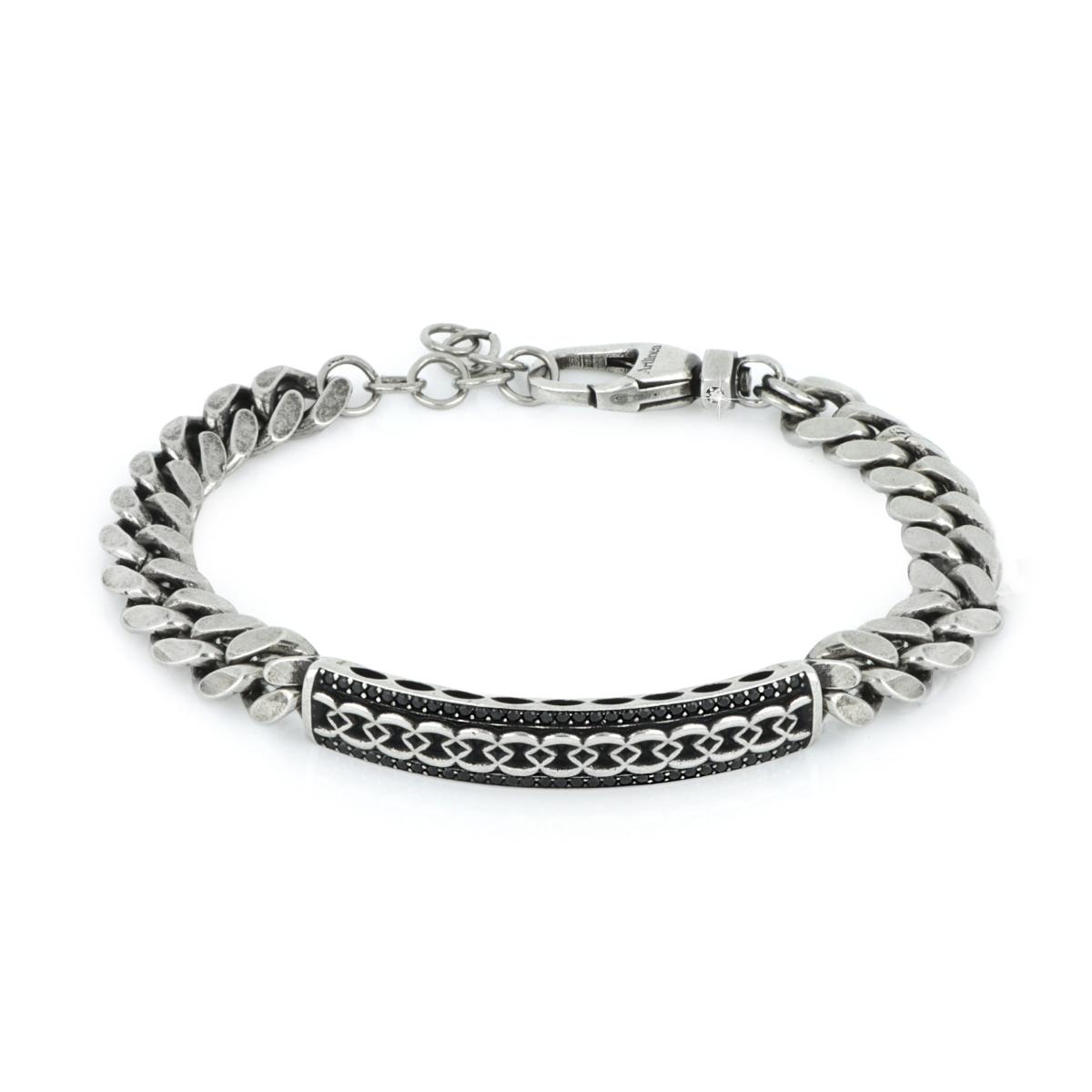Bracciale-uomo-in-argento-brunito-palladio-e-oro-nero-con-diamante-e-targa-decorata-ZBU001DNE-LM